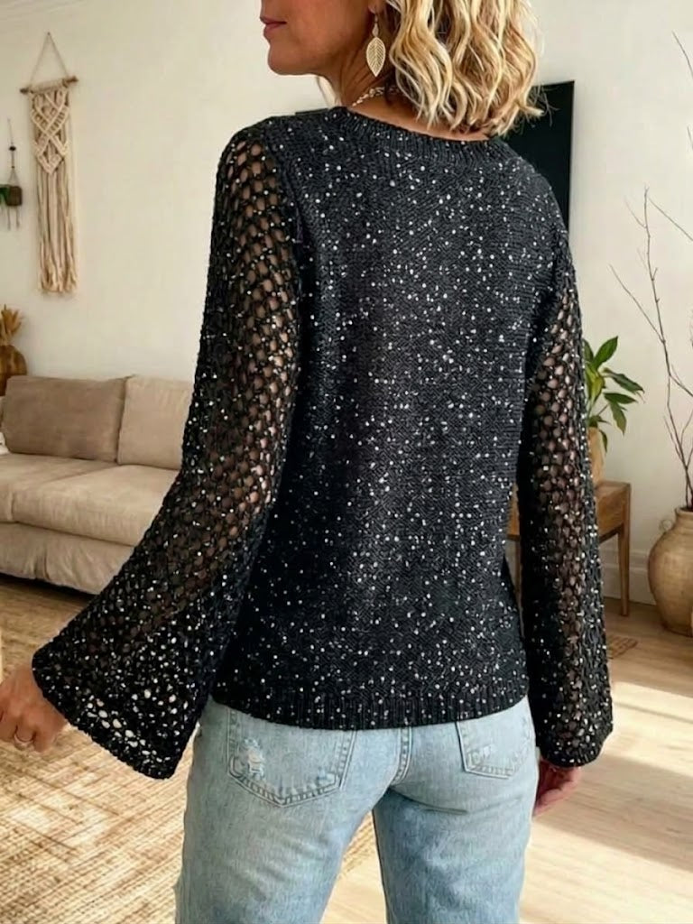 Sequin-embellished Openwork Crochet Knit Top With Flared Long Sleeves