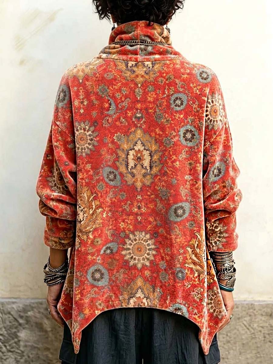 Women's Vintage Print High-neck Long-sleeve Loose-fit Velvet Top