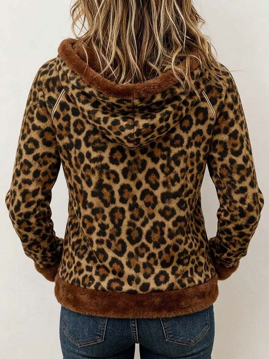 Women's Leopard Print Faux Fur Trim Drawstring Hoodie