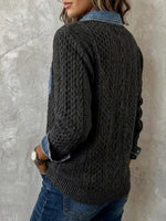 Women's Cable Knit Denim Patchwork Button-down Sweater