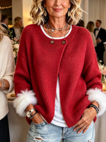 Cozy Red Cardigan With Plush Faux Fur Cuffs