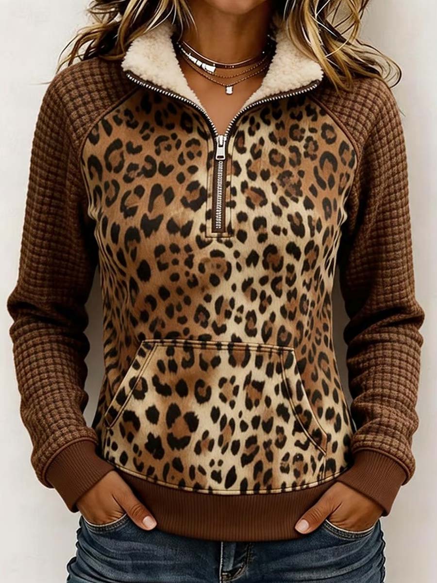 Women's Half Zip Leopard Panel Textured Pullover Sweatshirt