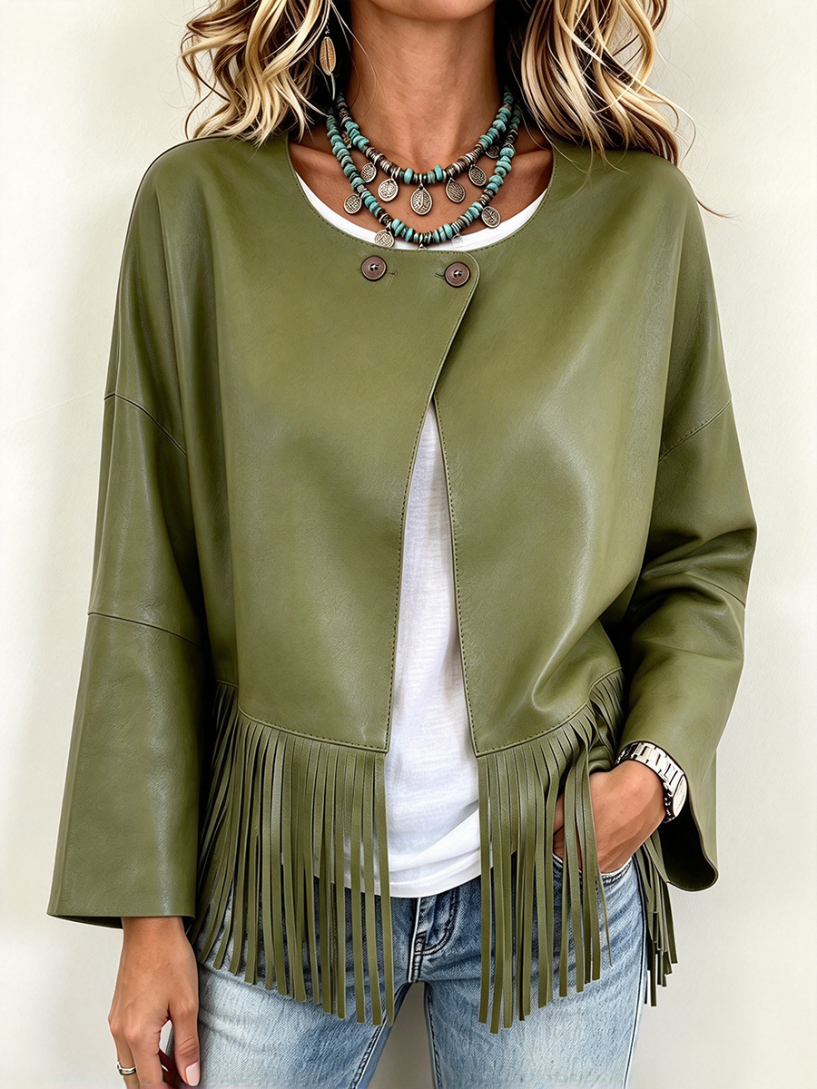 Trendy Olive Green Fringe Faux Leather Jacket F