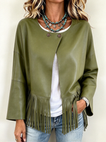 Trendy Olive Green Fringe Faux Leather Jacket F