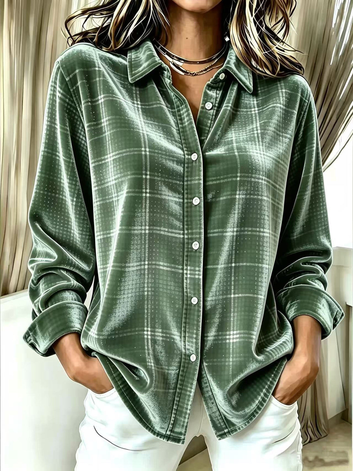 Chic Plaid Velvet Button-Down Shirt