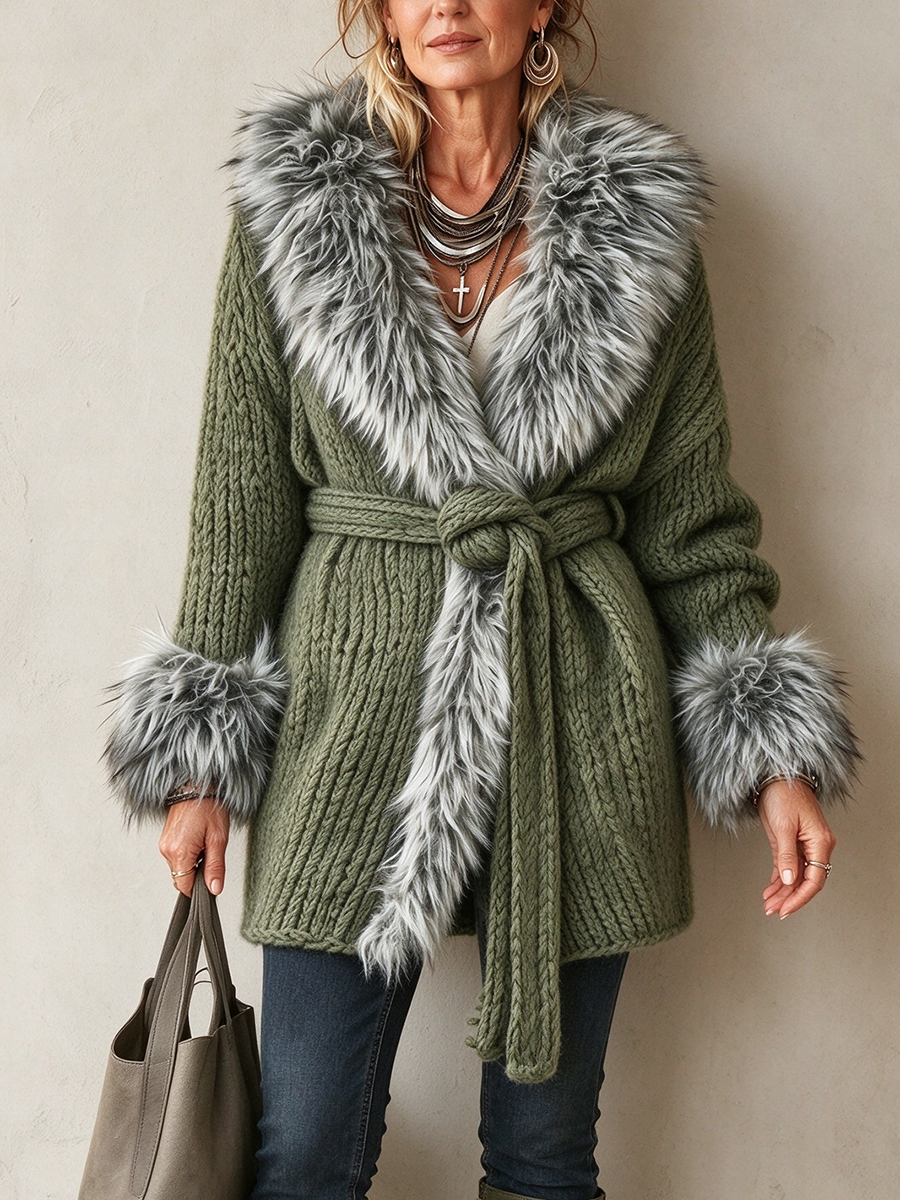 Chic Luxurious Faux Fur Trim Belted Cardigan Jacket