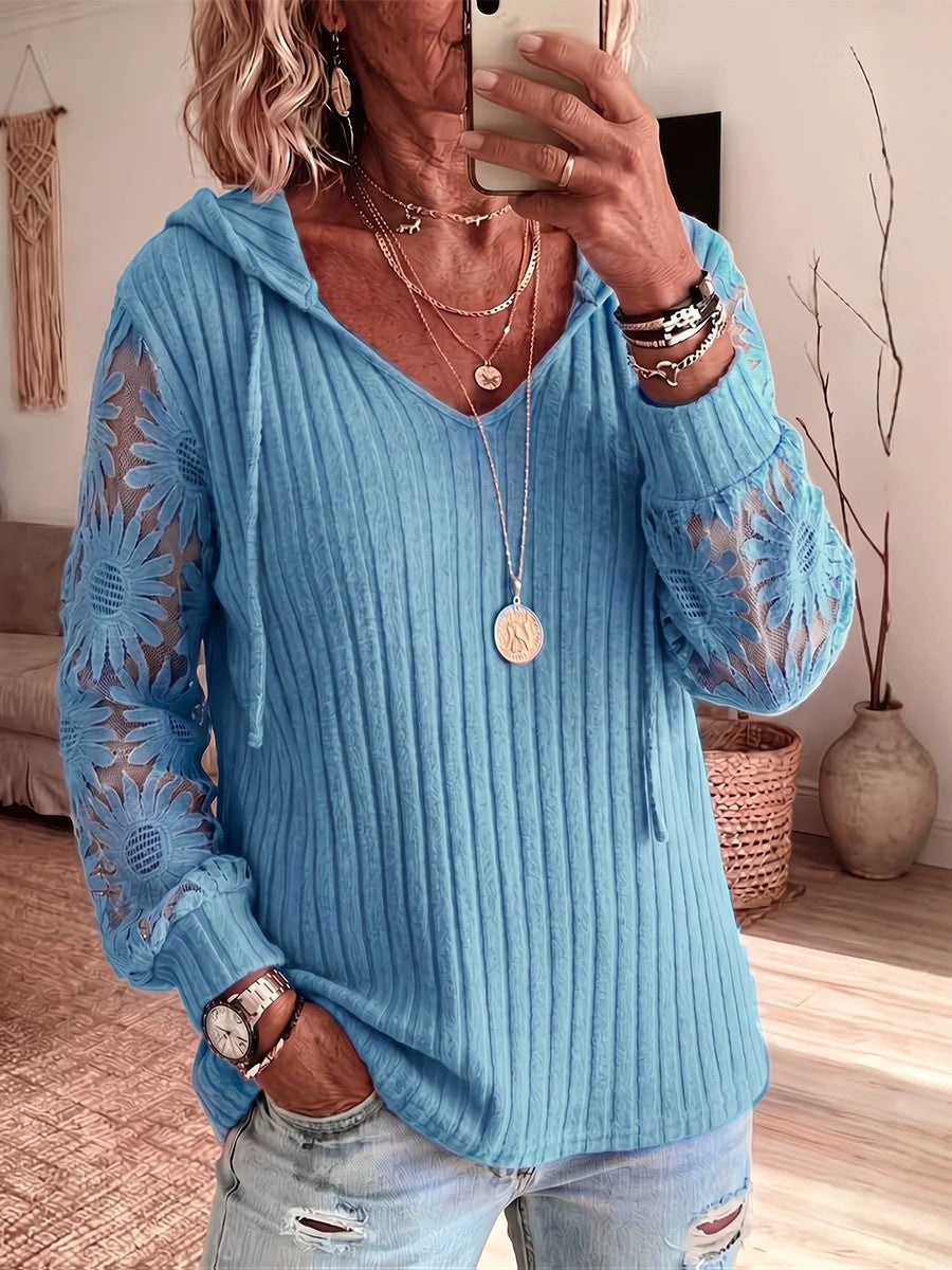 Solid-color Hooded Long-sleeve Lace-knit Top With Cut-out Details