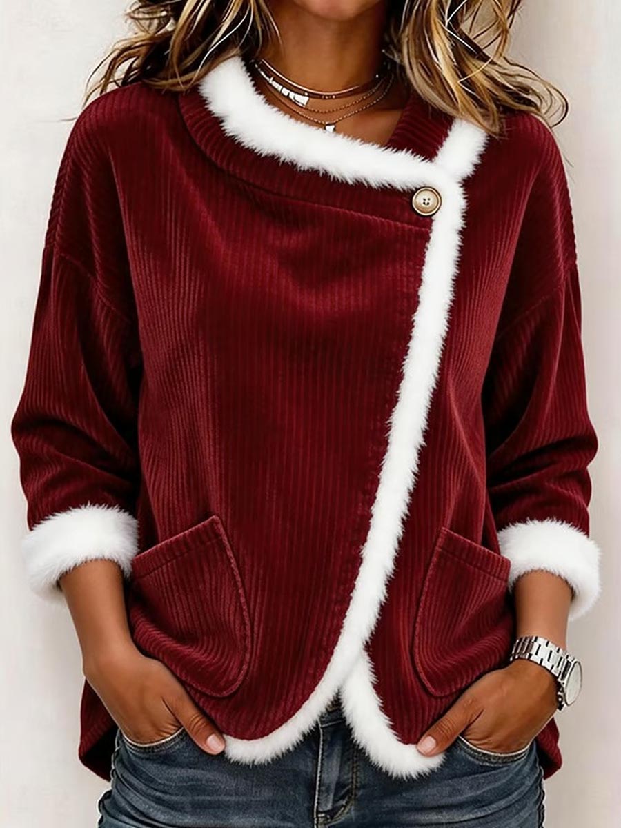 Women's Burgundy Corduroy Asymmetrical Wrap Top With Faux Fur Trim