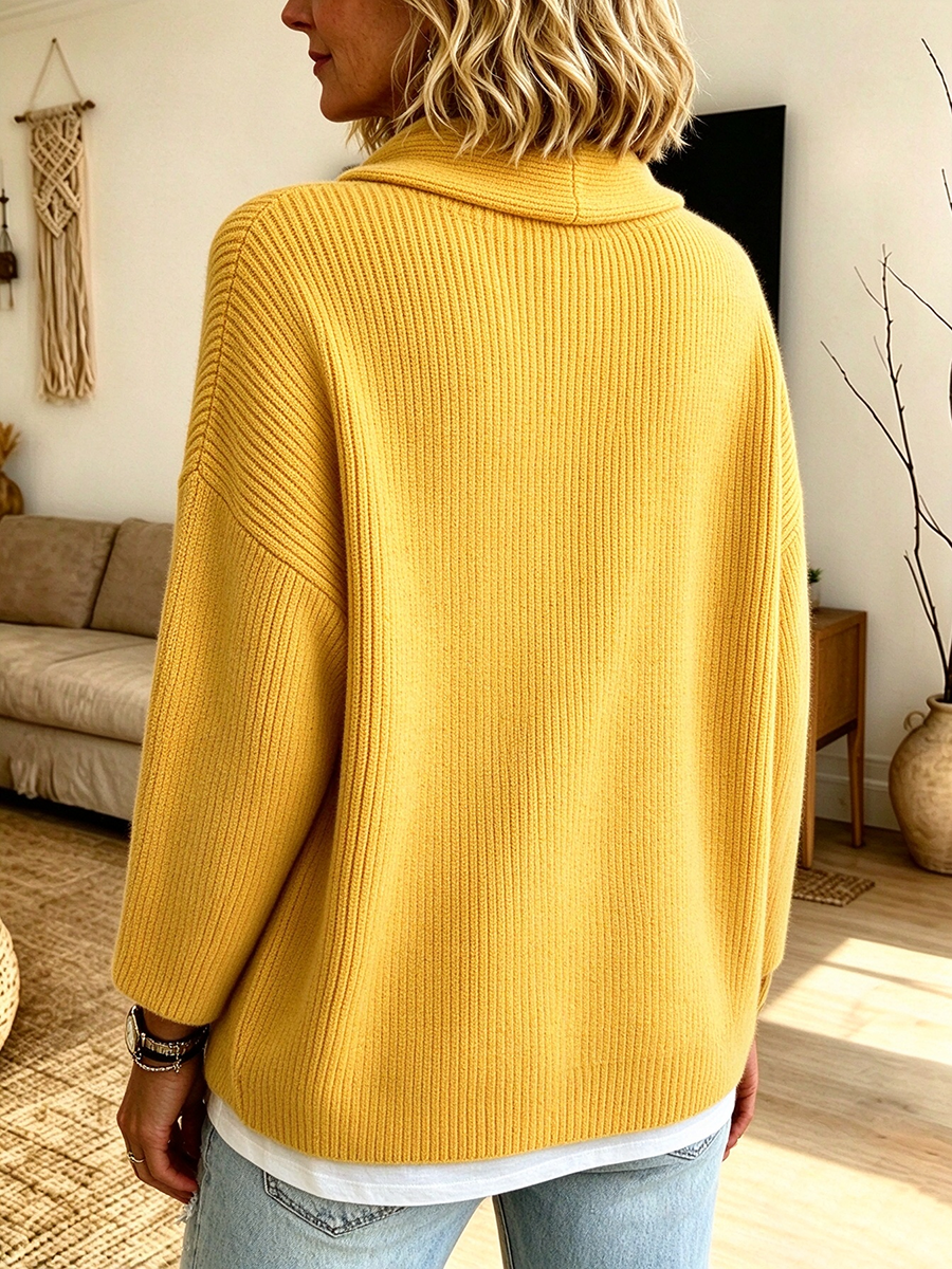 Chic Oversized Button-accented Cowl Neck Knit Sweater