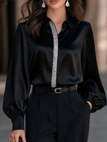 Women's Satin Long Sleeve Blouse With Sequin Placket