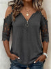 Semi-open Ring-zip Off-shoulder Cut-out Lace Top With Mid-length Sleeves