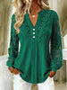 Romantic Mixed-Media Lace Blouse – Button-Front V-Neck & Sheer Crochet Sleeves
