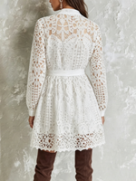 Stand Collar Full Button Hollow Water-soluble Lace Waist Tie Mini Shirt Dress