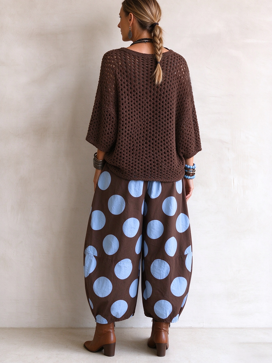 Casual Relaxed Brown Open-knit Mesh Sweater Top