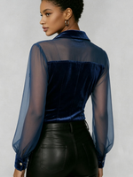 Elegant And Sexy Velvet Shirt With Mesh Sheer Sleeves