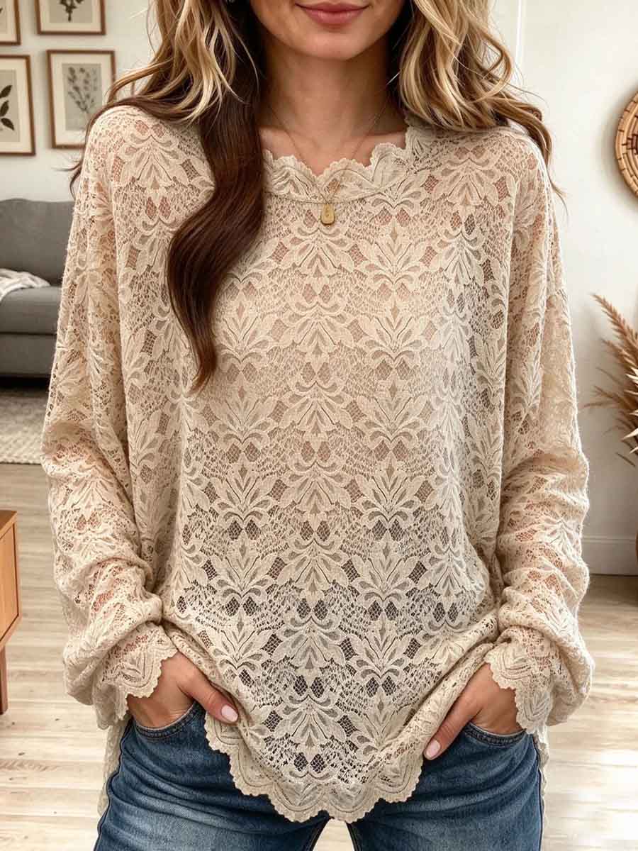 Women's Elegant Sheer Floral Lace Long Sleeve Blouse with Scalloped Hem