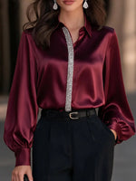 Women's Satin Long Sleeve Blouse With Sequin Placket