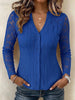 V-neck Vertical Texture Fitted Lace Spliced Long Sleeve Button Blouse