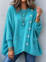 Casual Ribbed Asymmetric Button Pocket Top