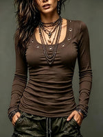 Women's Long Sleeve Ruched Top With Eyelet Neckline
