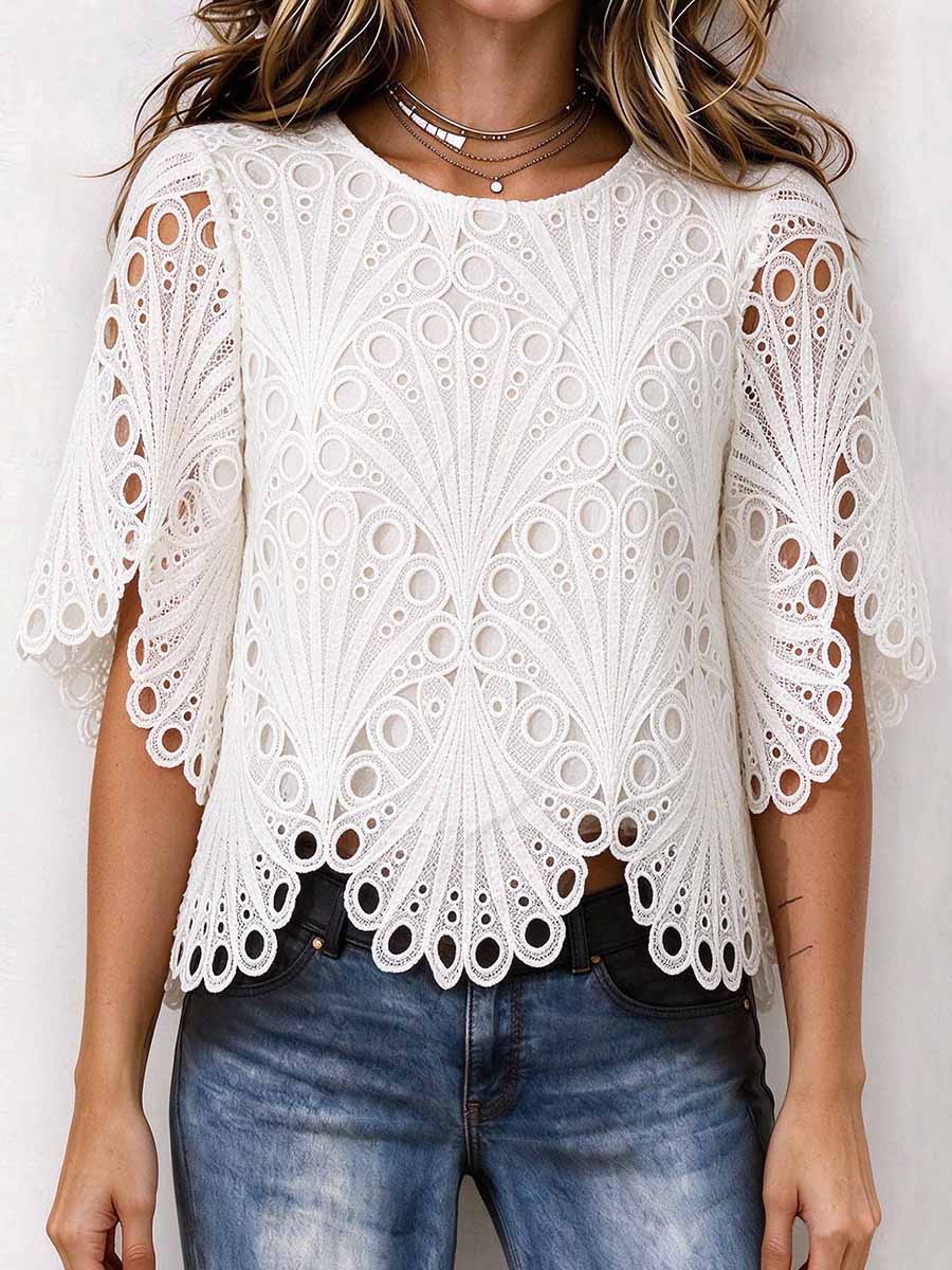 Women's White Hollow-out Floral Lace Short Sleeve Top
