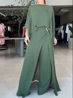 Elegant Green Chiffon Three-piece Set: Cape-style Top, Camisole, And Wide-leg Trousers