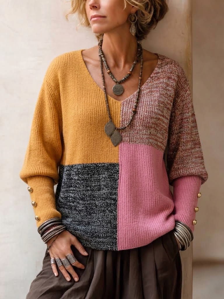 Irregular Color-block Sweater With A Unique Design