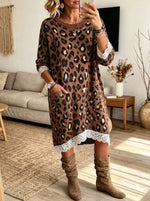 Bohemian Leopard-print Knit Midi Skirt With Lace Trim