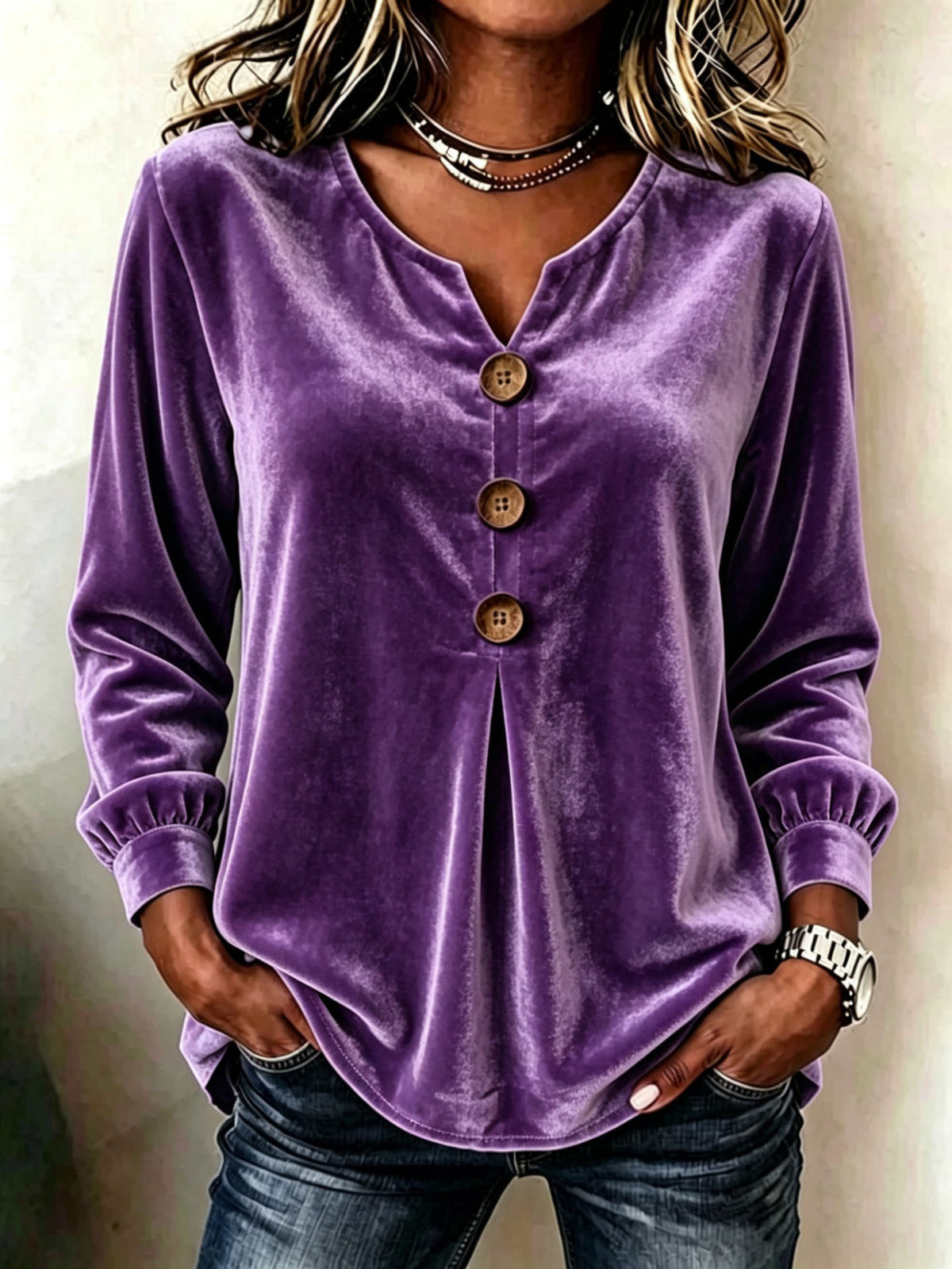 Elegant Soft Velvet Button-down Shirt Top