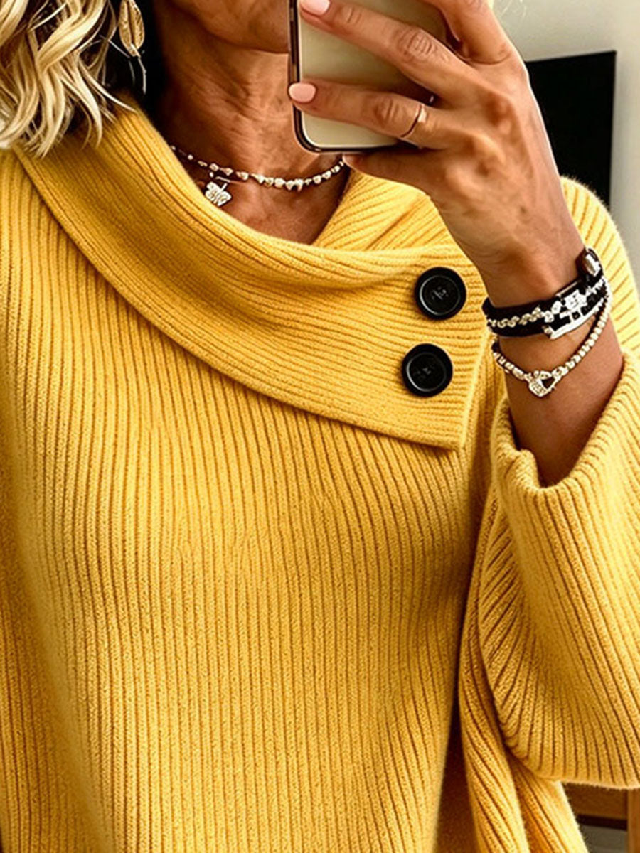 Chic Oversized Button-accented Cowl Neck Knit Sweater