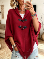 Chic Cozy Fringe Knit Toggle Cape