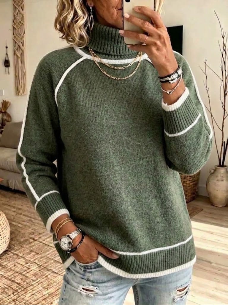 High-neck Raglan Knit Sweater With Contrasting White Trim