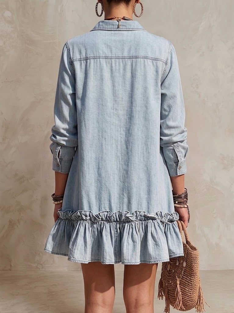 Loose Casual Ruffle Denim Mini Shirt Dress