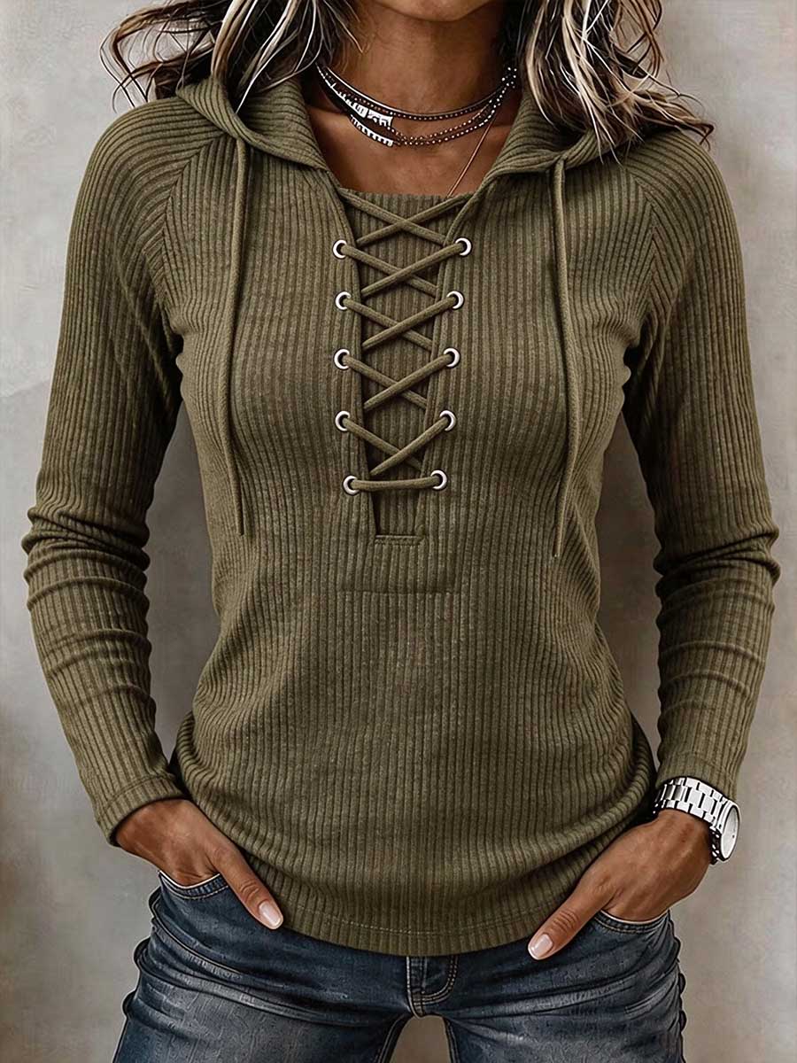 Women's Ribbed Knit Lace-Up Front Long Sleeve Hoodie