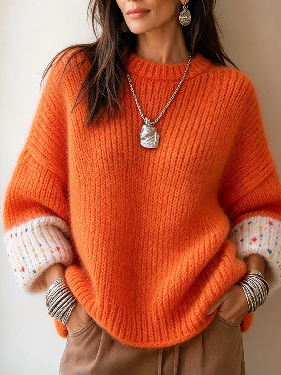 Vibrant Orange Contrast Speckled Cuffs Chic Oversized Knit Sweater