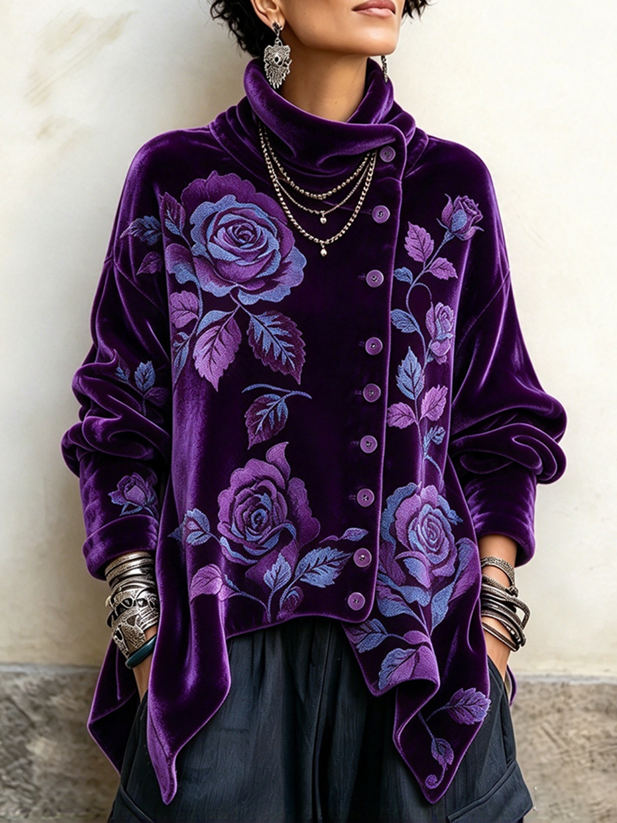 Elegant Floral Rose Prints Asymmetrical Button-up Velvet Top