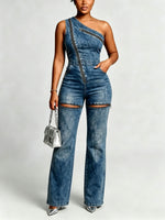Edgy Two-way Denim Jumpsuit With Zipper Detail