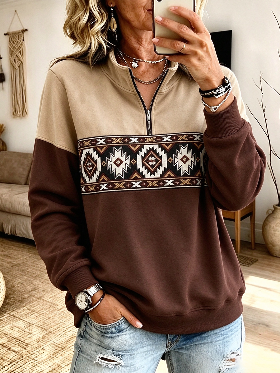 Colorblock Aztec Geometric Print Quarter-zip Sweatshirt