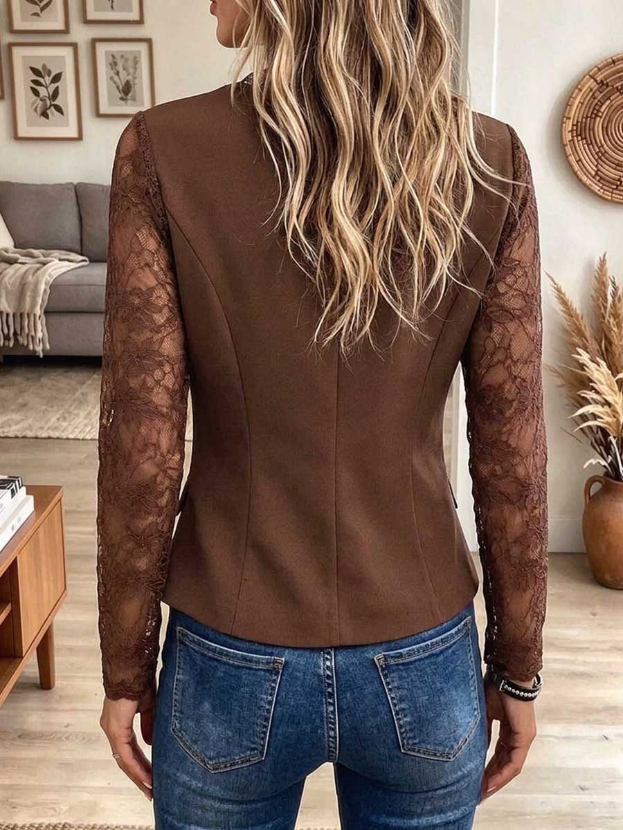 Women's Elegant Lace Spliced V-Neck Button-Down Blazer