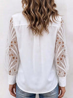 Elegant White Button-down Shirt With Hollow-out Lace Sleeves
