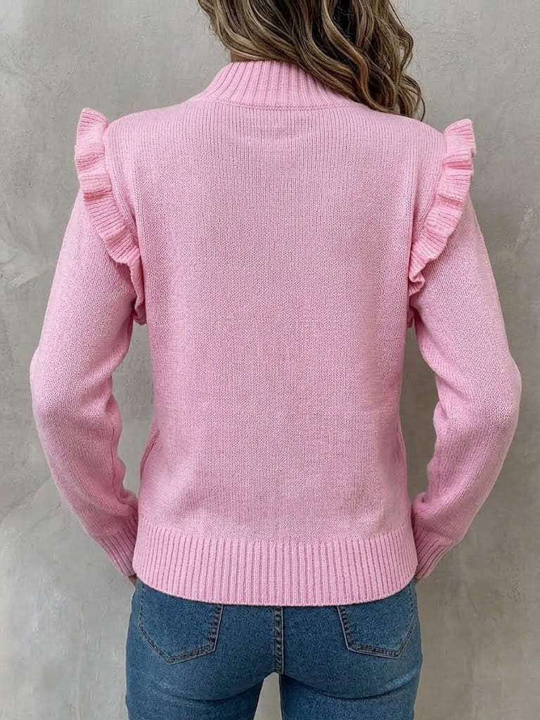 Long-sleeve Knit Sweater With A Diamond Cut-out Pattern And Lettuce-edge Trim