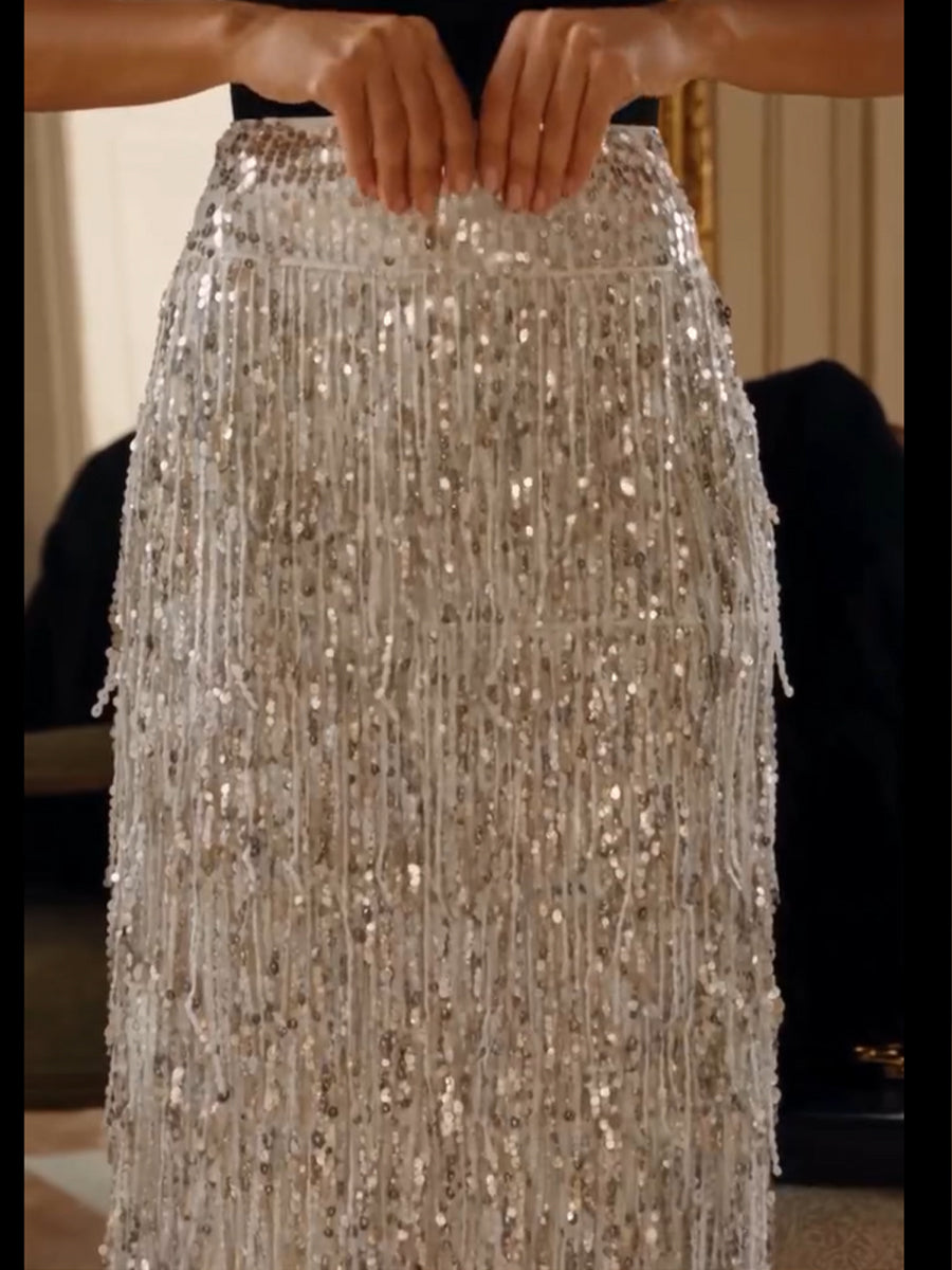 Glamorous And Elegant Silver Sequin Fringe Midi Skirt