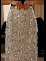 Glamorous And Elegant Silver Sequin Fringe Midi Skirt