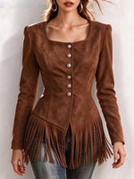 Faux Suede Square Neck Fringe Hem Button-Up Top