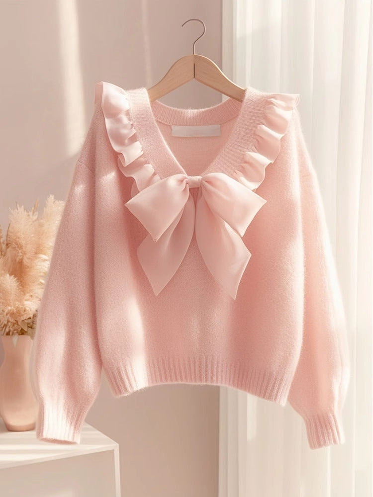 Chic Chiffon Ruffled Bow-tie Knit Top