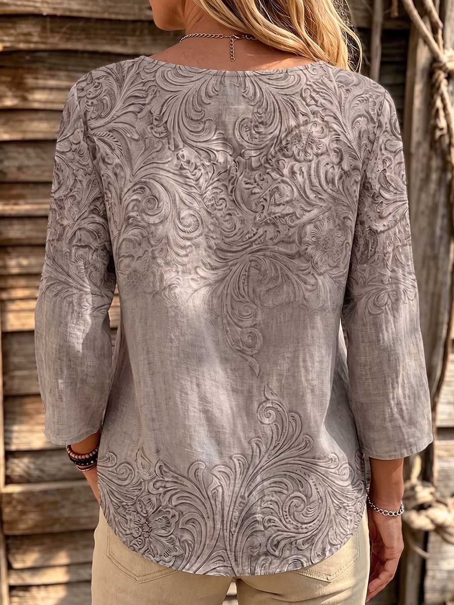 Women's Retro-style Printed Crew Neck 3/4 Sleeve Casual Loose Cotton Linen Top
