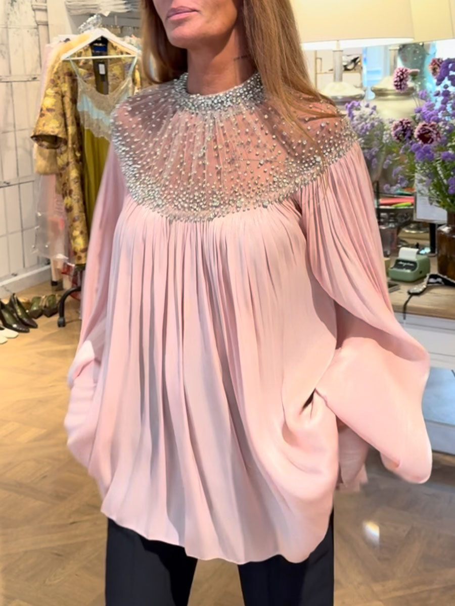 Elegant Sparkly Rhinestone Pleated Chiffon Party Top