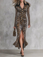 Leopard Print Long Sleeve Maxi Dress With Faux Fur Collar