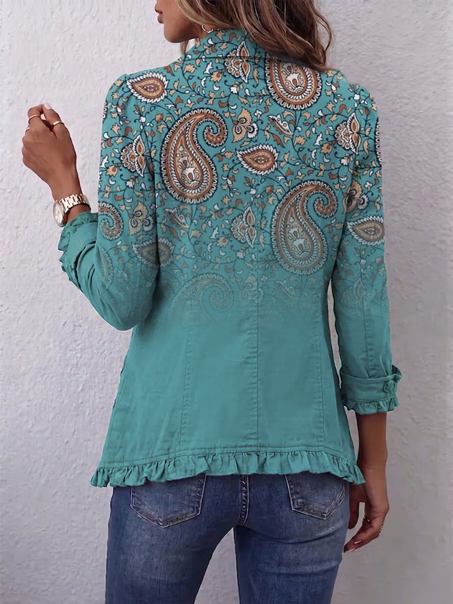 Vintage-style Paisley Gradient Print Ruffled Linen-cotton Jacket