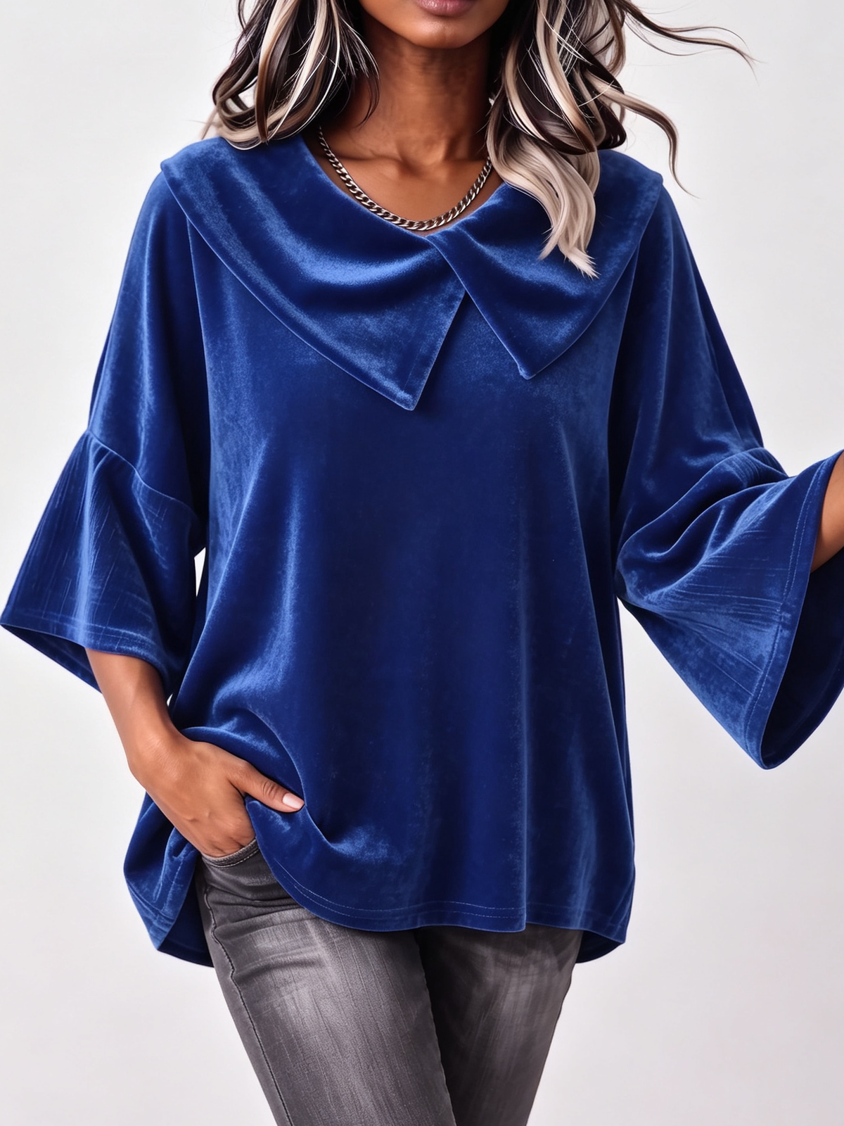 Elegant Peter Pan Collar Flared Sleeve Velvet Shirt